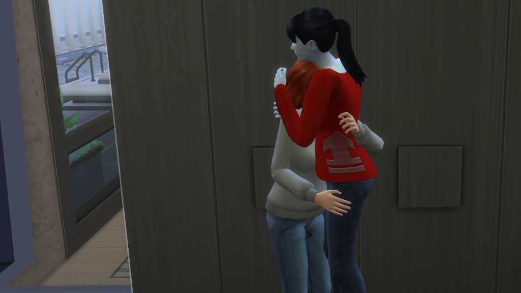 This is a glitch. Using the Cute Romance mod from Pancake1, Nina is standing on a platform and Addie is on the floor. The result looked like Addie is laying her head on Nina's heart and Nina is placing her head under her chin. Still a glitch, but it works! 